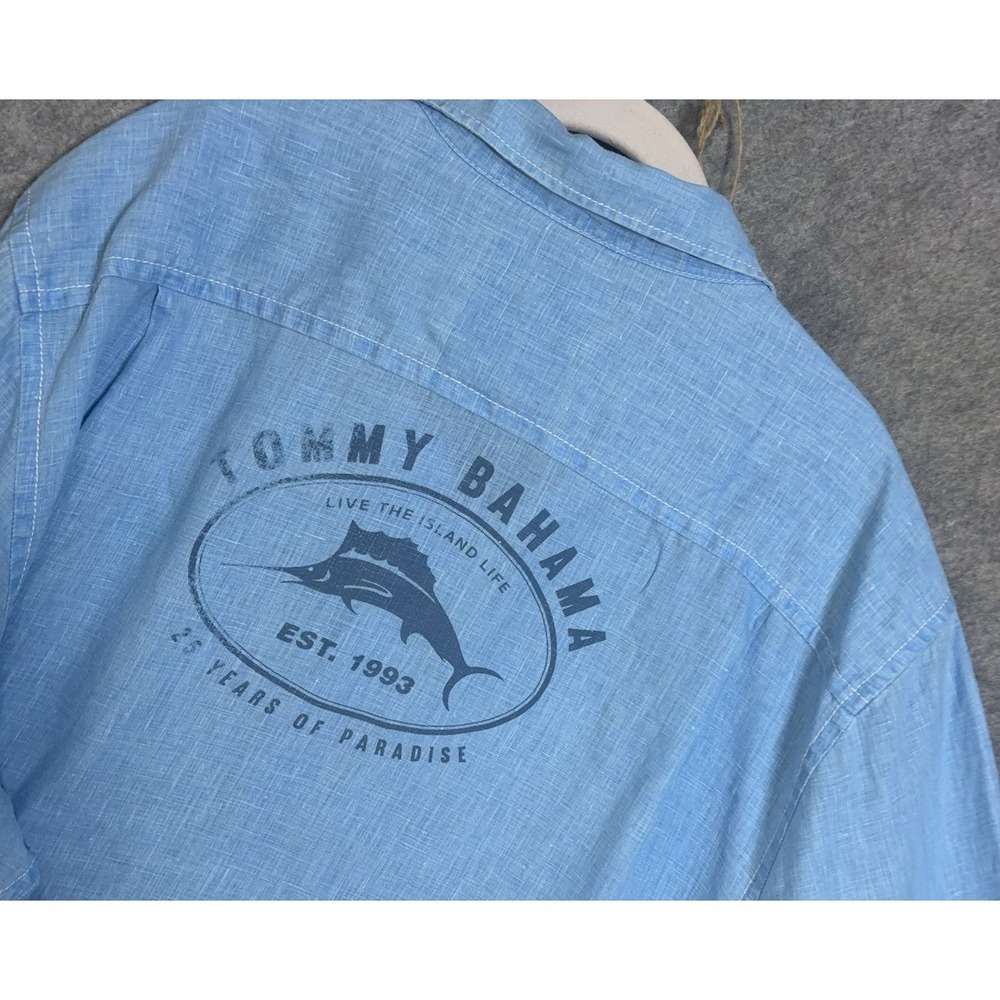 Tommy Bahama Linen Shirt Mens XXL 2XL Blue 25th Anniversary Paradise Logo